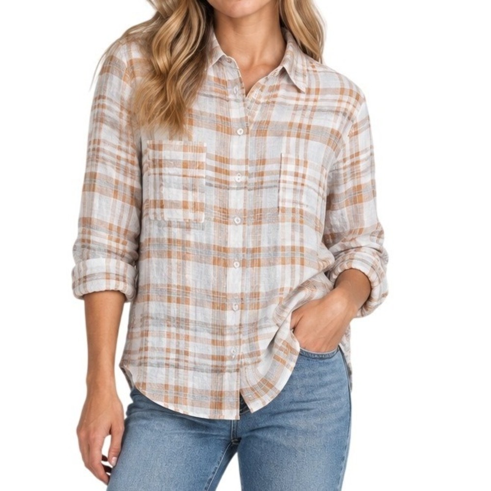 FRAY Mango Orange White Plaid Button Down Long Sleeve Shirt Women's Small